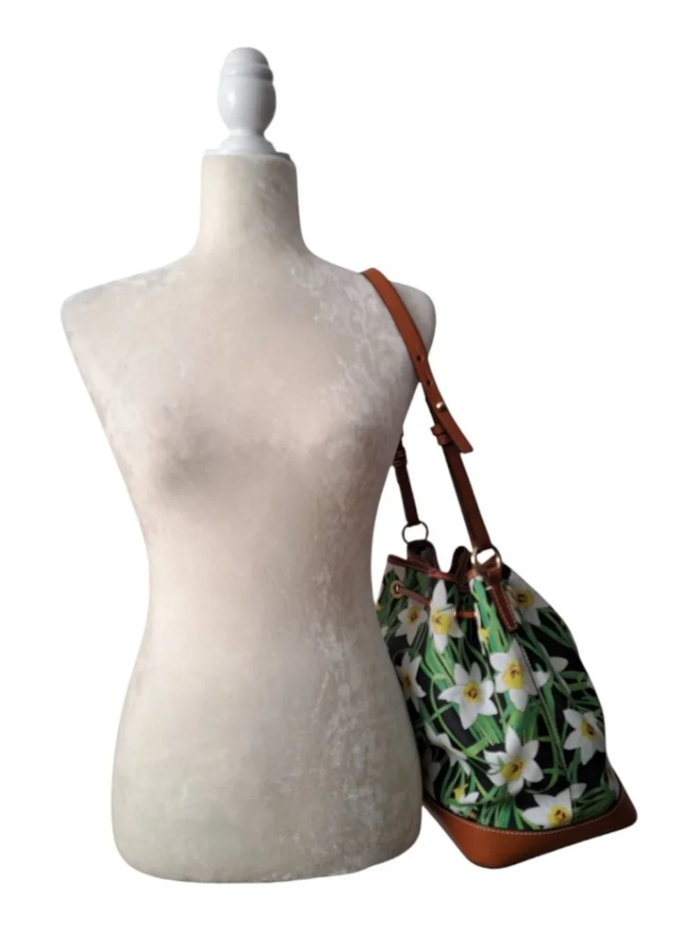 Dooney & Bourke Daffodil Tassel Drawstring Bucket Bag Purse Floral Leather Trim